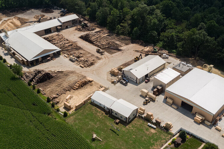 Aerial view of Stoltzfus Forest Products' sawmill and mulch facilities