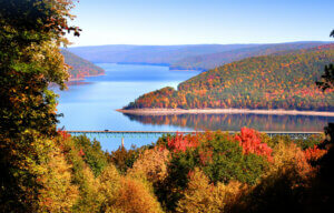 Pennsylvania forests and woodlands along the river in the fall.