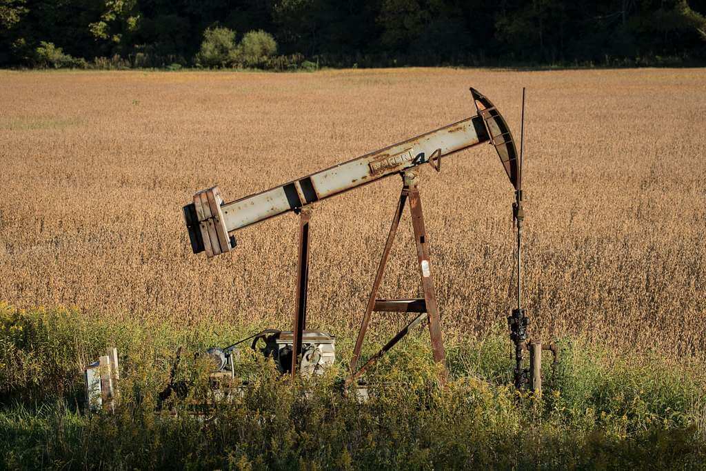 abandoned oil pump jack along woodlands