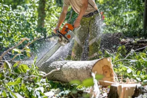 A man cutting a tree in the forest with a chainsaw